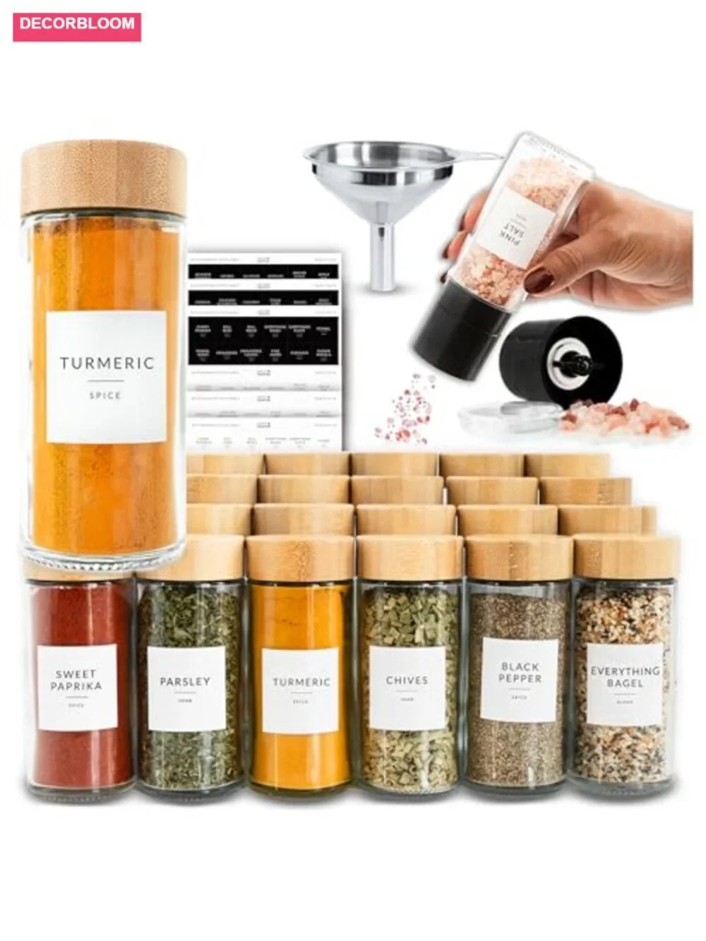 24 Glass Spice Jars with Bamboo Lids & 374 Labels, Shaker Lids